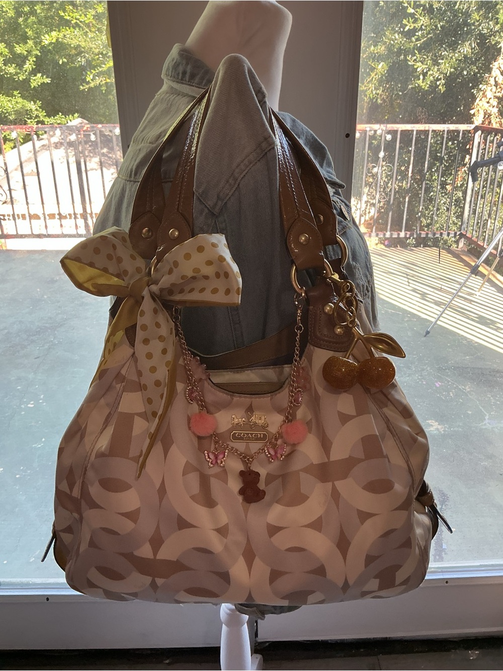 Coach Beige & Brown Signature Shoulder Bag with Charm Accents